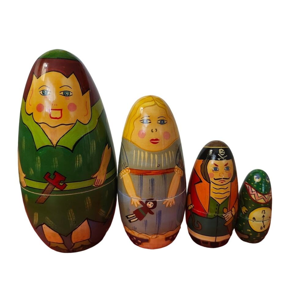 Vintage Lot 4 Russian Nesting Dolls Peter Pan Pirate Gator